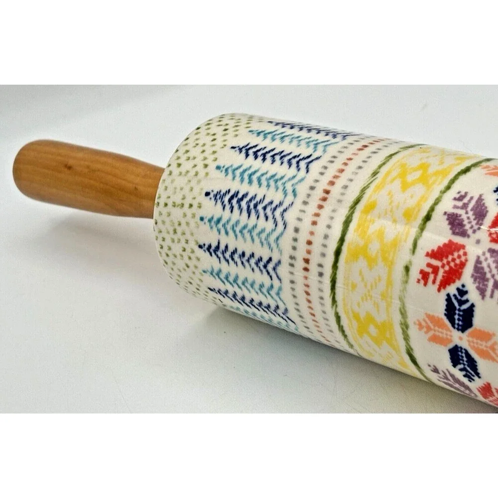 Anthropologie Rolling Pin POLAR GAZE Ceramic Winter Holiday Folk‎ Snowflake